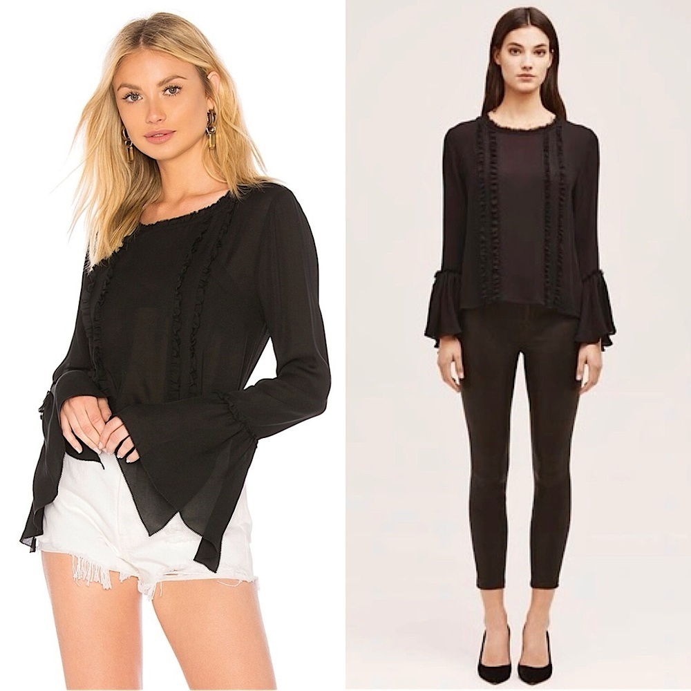 NWT L'AGENCE Silk Georgette Chiffon Ruffle Trim Flutter Long Bell‎ Sleeve Top S